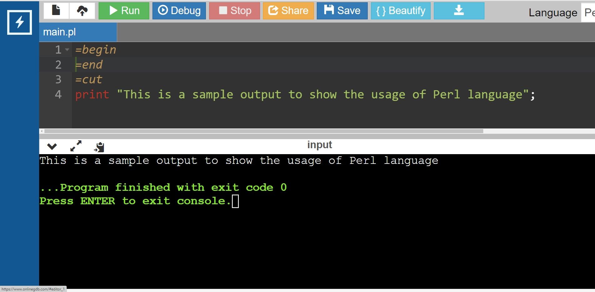 Código de muestra de Perl y salida en la ventana del compilador en línea
