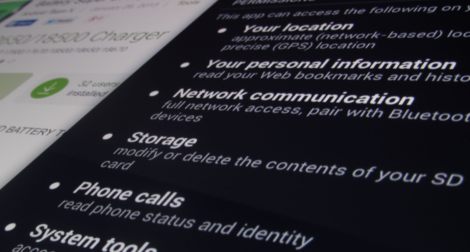 close up shot of permissions listed on screen