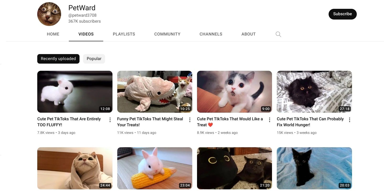 screenshot of pet ward youtube channel main page