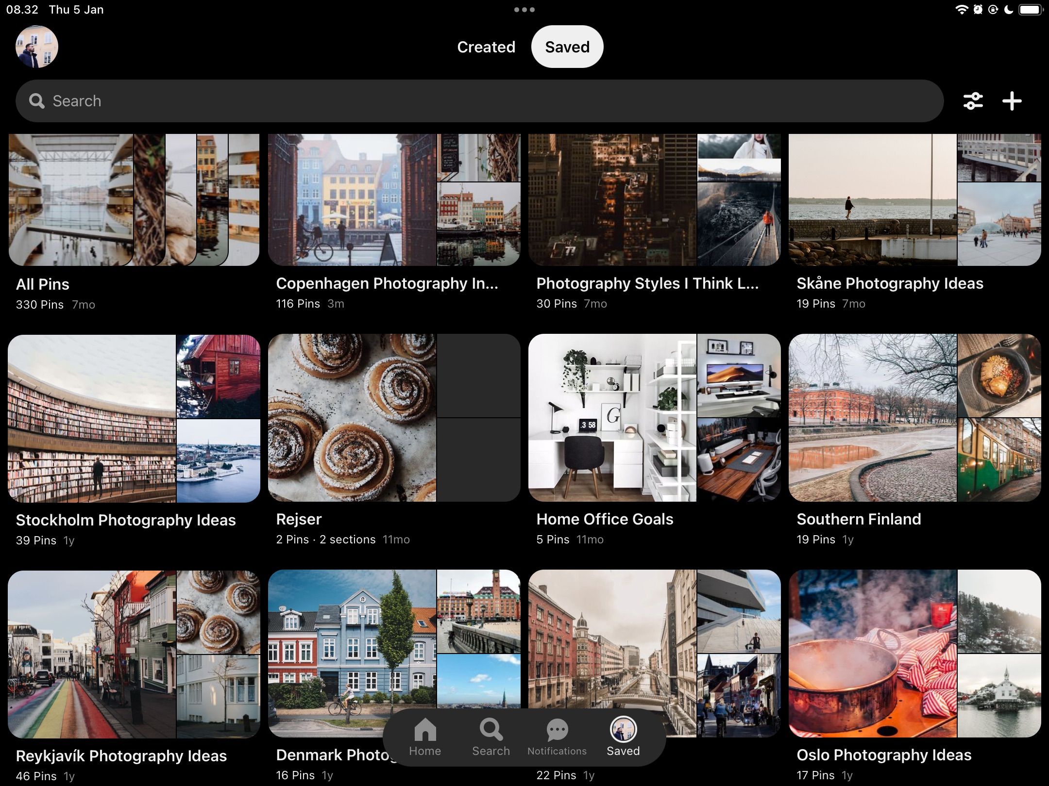 Screenshot showing different boards on Pinterest