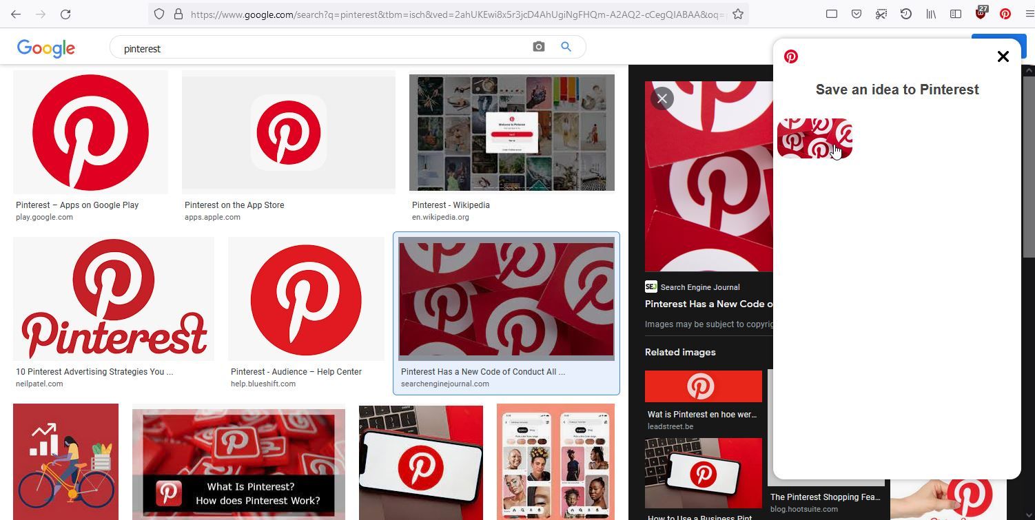 A screenshot of the Pinterest save button Chrome extension in use.