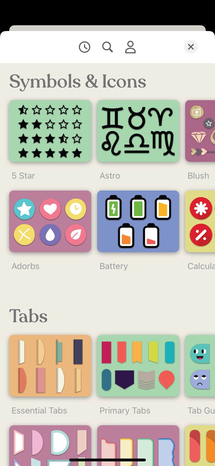 Planner & Journal - Zinnia app symbols and tabs screen