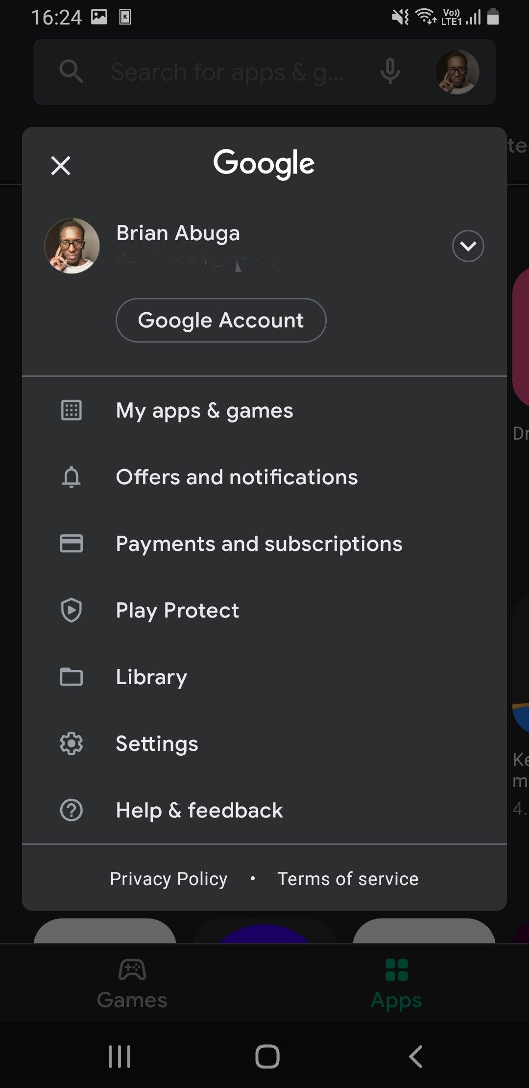 Google Play Store menu in dark mode