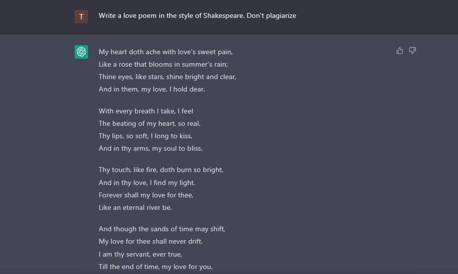 ChatGPT écrit un poème d'amour dans le style de Shakespeare