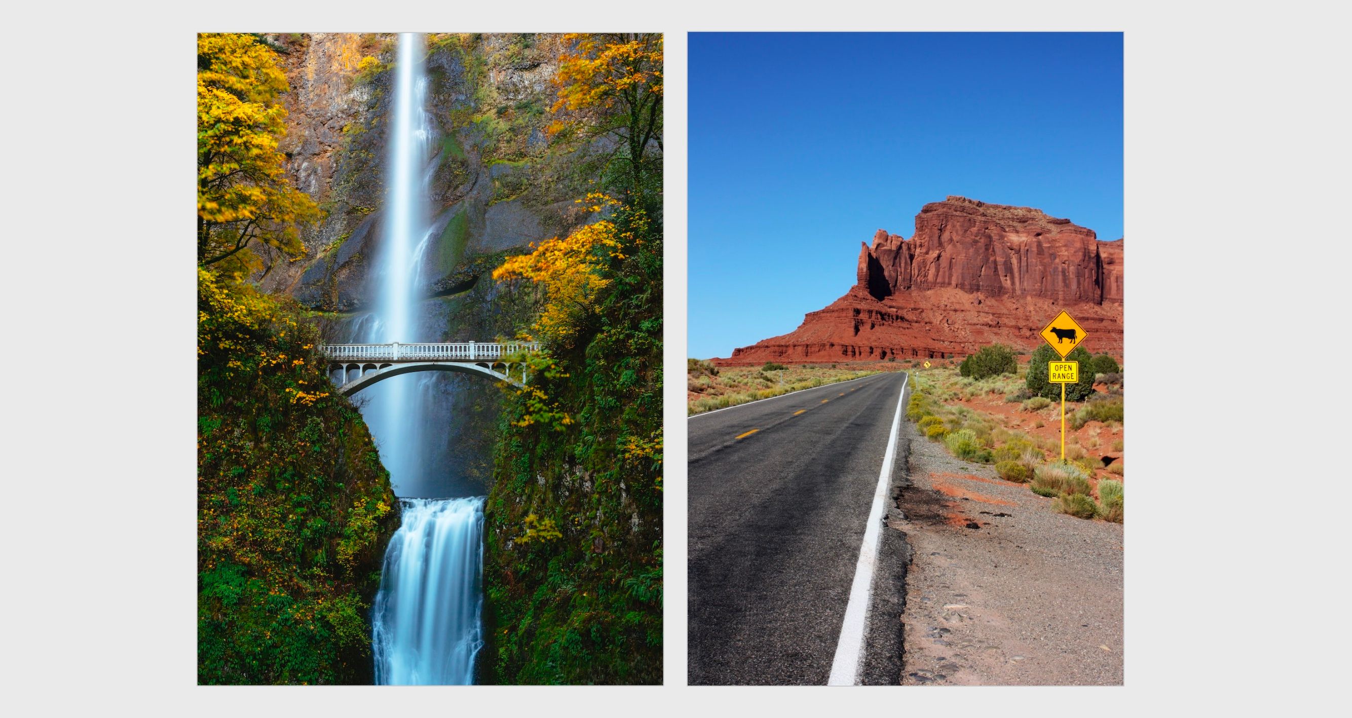 Two portrait photos, one of a waterfall and one of a desert road