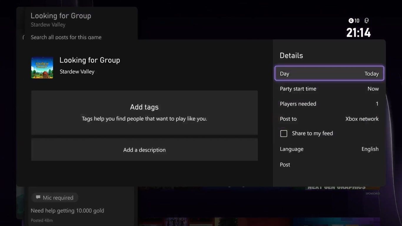 A screenshot of the available social post options using the Looking for Group feature on Xbox Series X