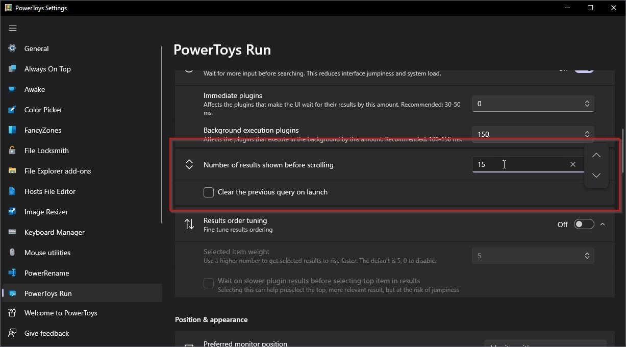 PowerToys Run Settings Search and Results Number of Results