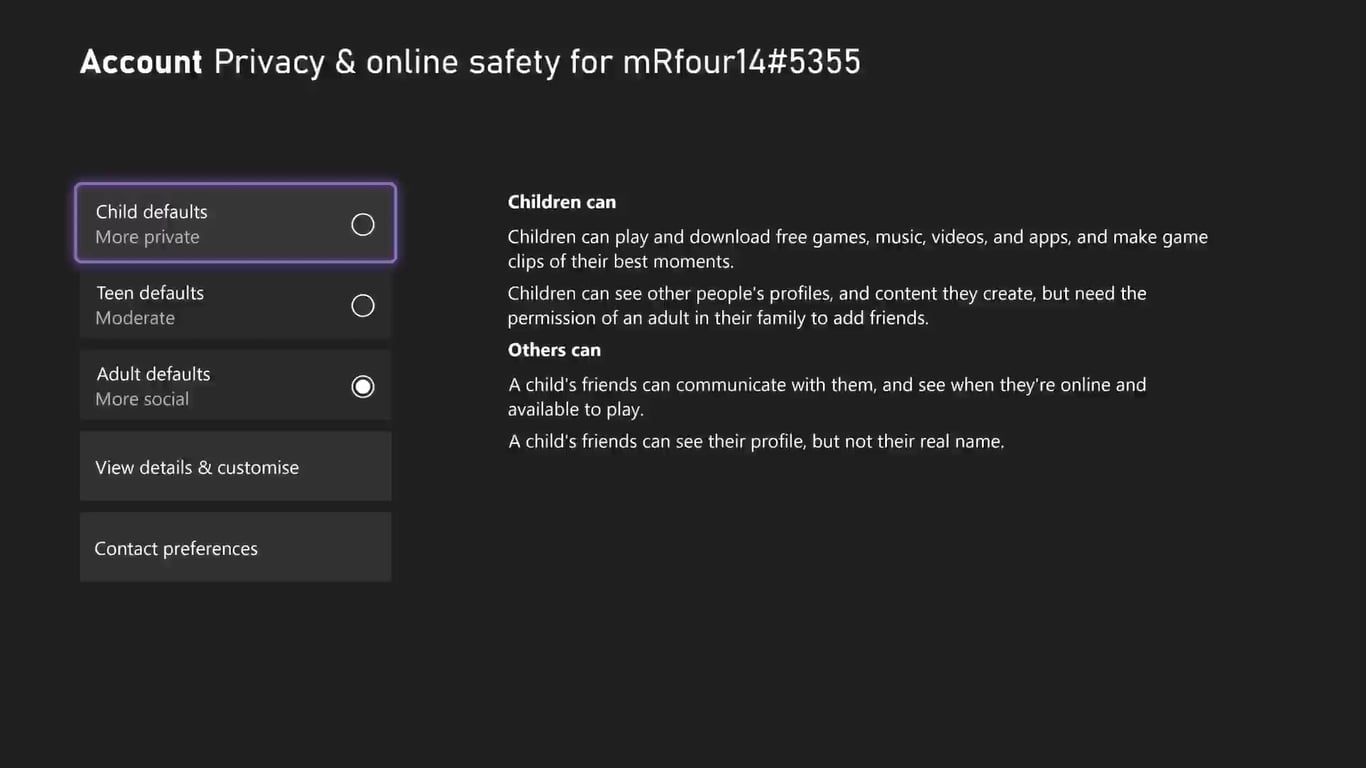 A screenshot of the Xbox privacy settings on Xbox Series X, with the default settings for kids highlighted.