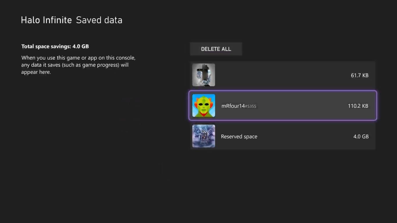 A screenshot of the Save Data options for Halo Infinite on an Xbox Series X with an Xbox profile highlighted
