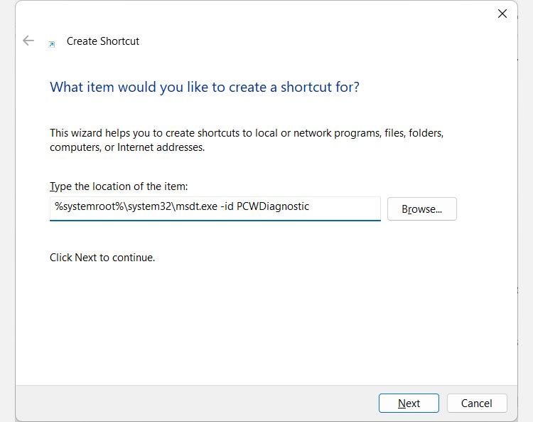 the Create Shortcut wizard on Windows 11 and it is on the screen where you enter the location to exe for the shortcut