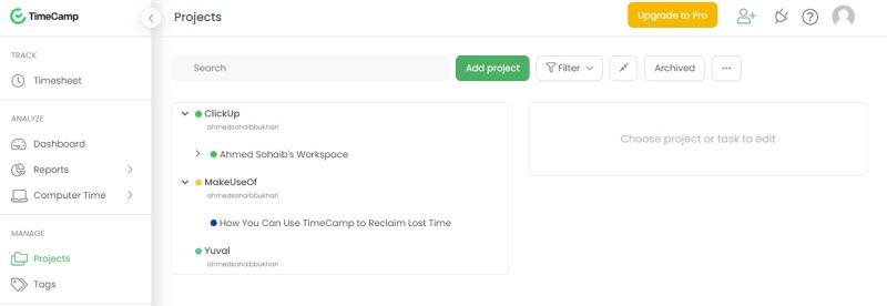 Projects Section in TimeCamp