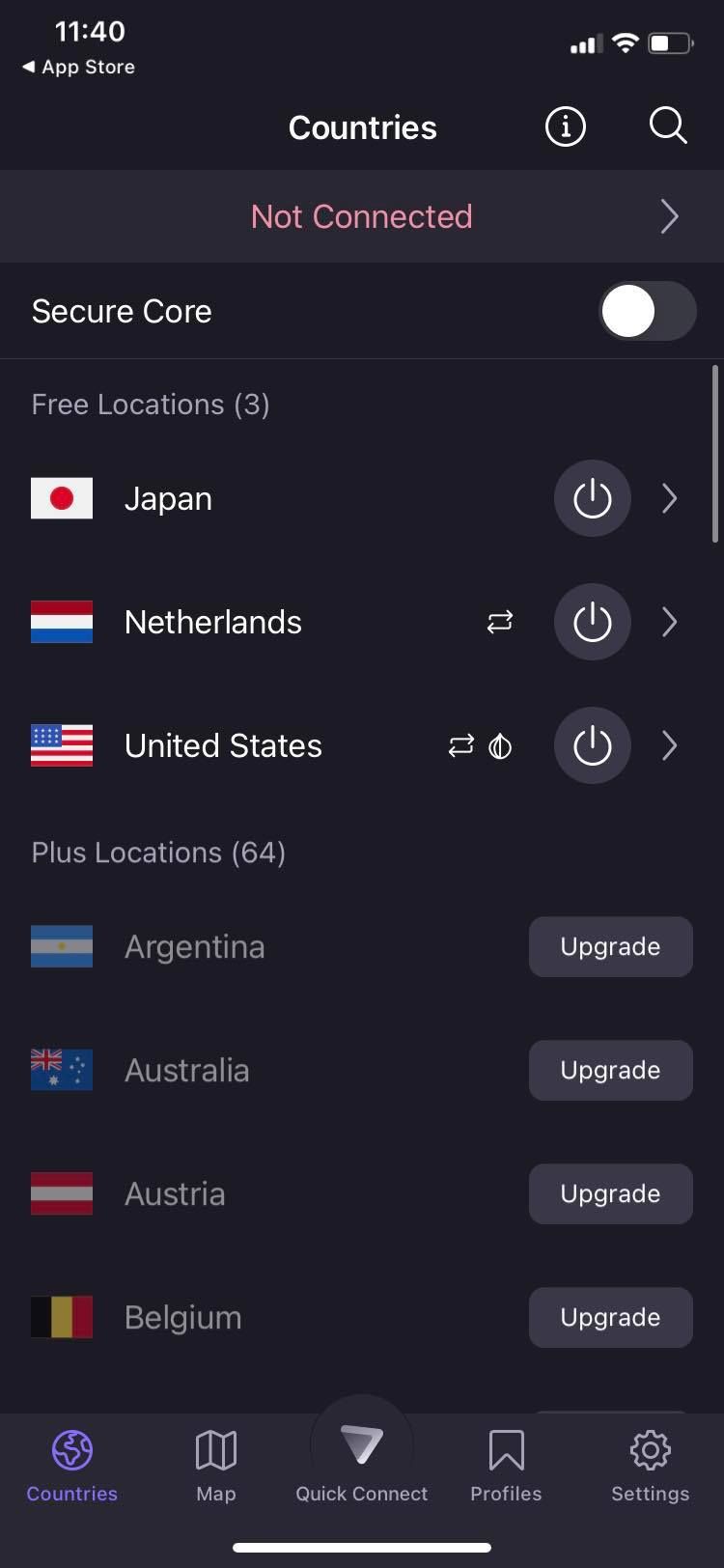 Capture d'écran de l'application mobile ProtonVPN 