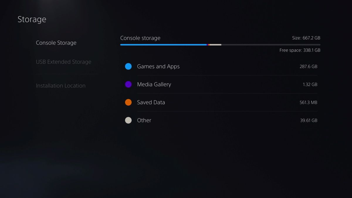 Screenshot showing PS5s storage capacity