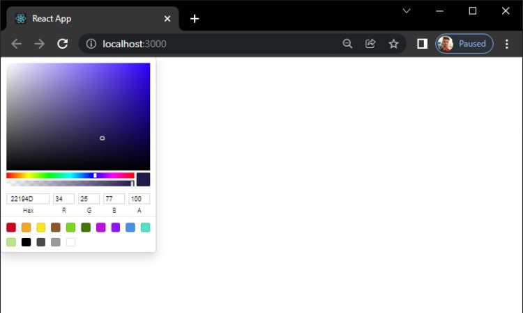 Une application React dans un navigateur Web affichant un widget de sélection de couleurs