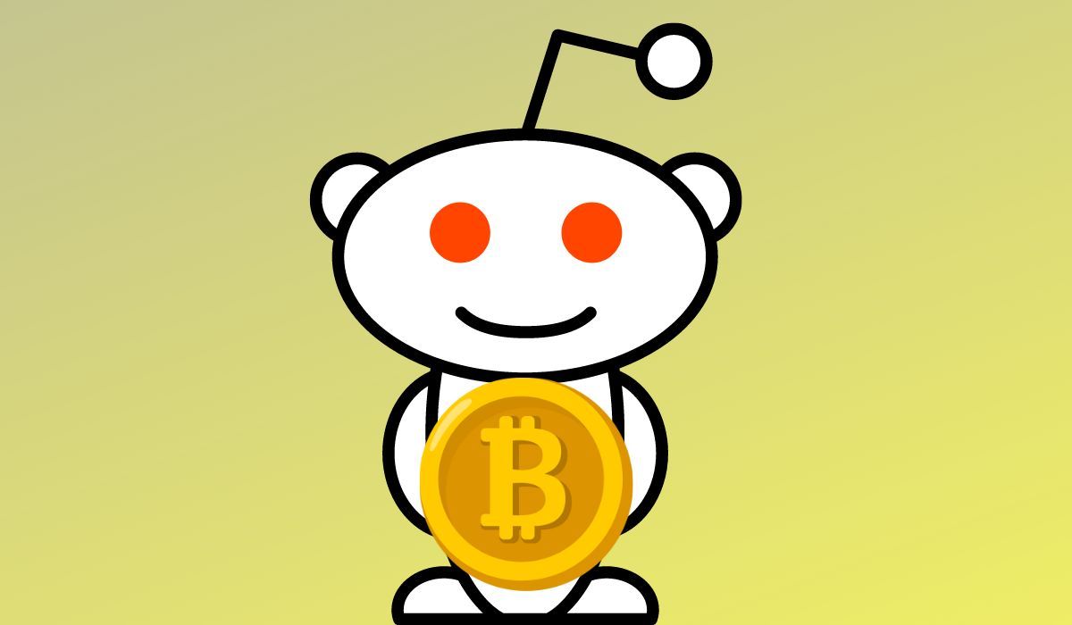 Reddit logo with Bitcoin on yellow background