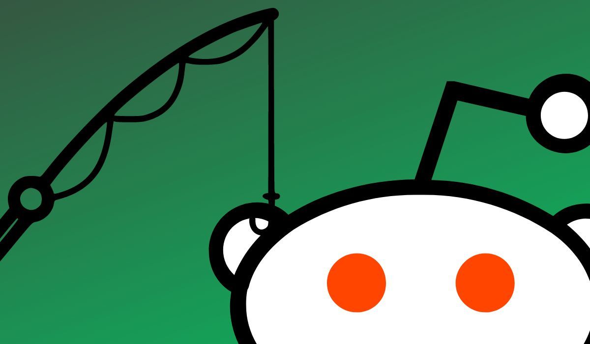 Fishing rod and reddit logo seen on dark green background