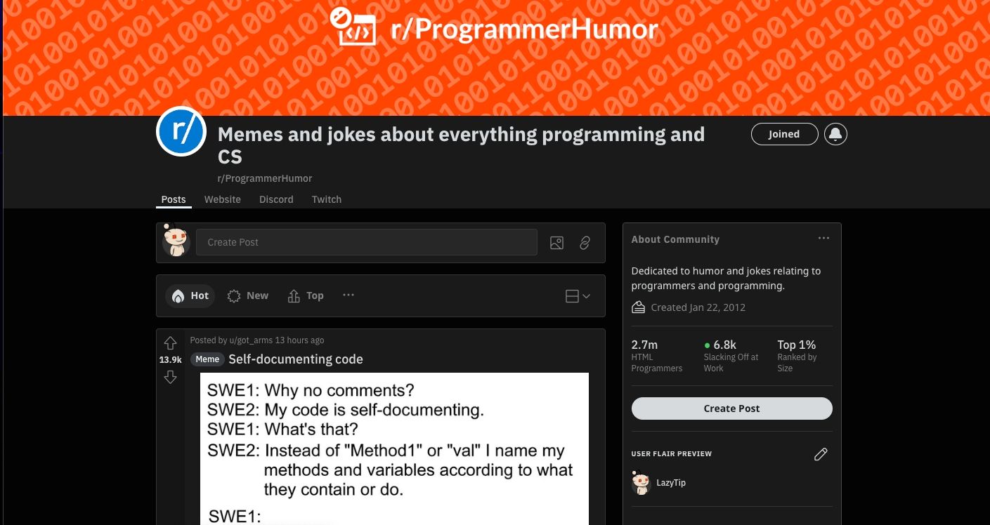 A screenshot of Reddit's r/ProgrammerHumor subreddit