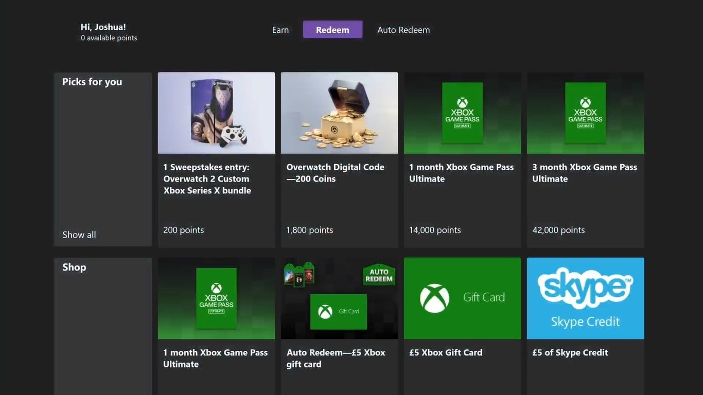 A screenshot of the Redeem page on the Microsoft Rewards on Xbox application on Xbox Series X