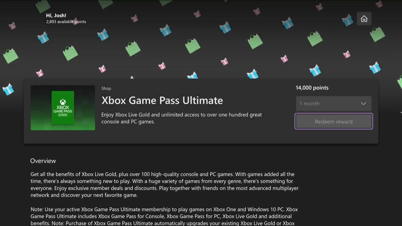 A screenshot of Xbox Game Pass Ultimate Rewards is available through Microsoft Rewards in the Xbox app on Xbox Series X. 