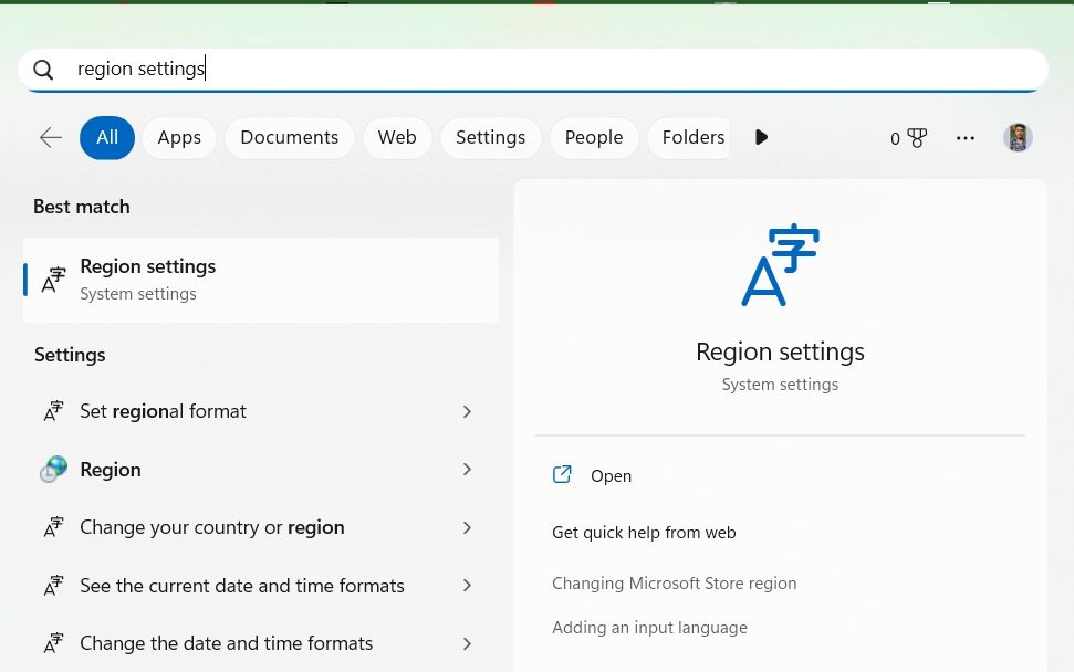 Opción de configuración regional en la búsqueda de Windows