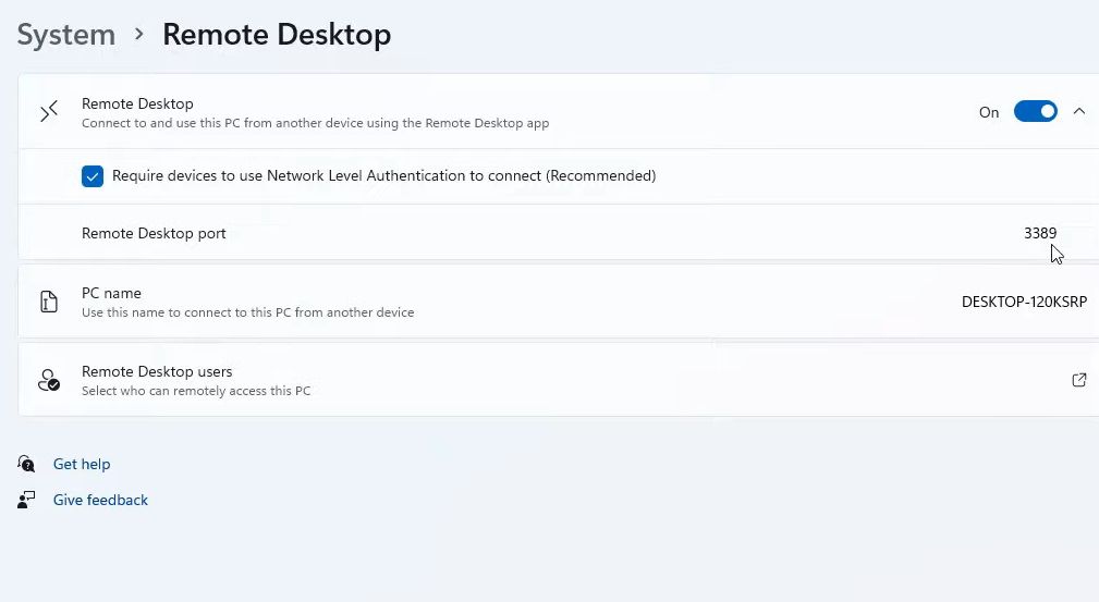 The Remote Desktop option 