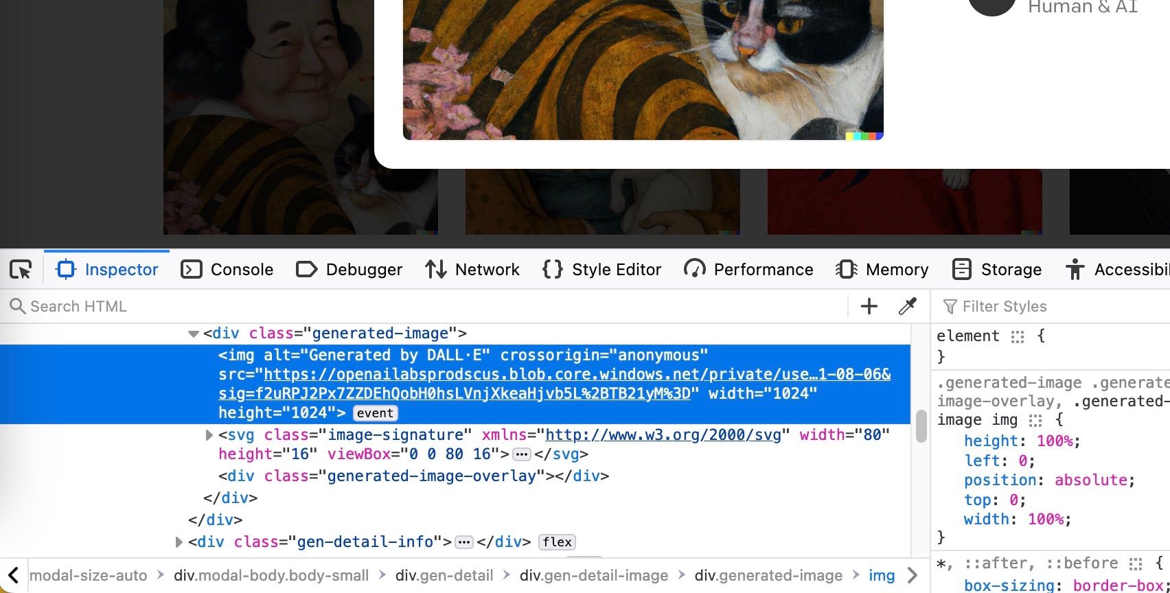 Fenêtre de l'inspecteur de Firefox montrant un lien vers l'image générée par Dall-E