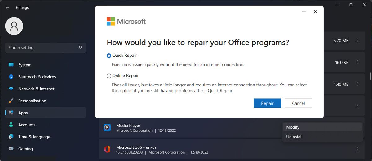 Repair Microsoft 365
