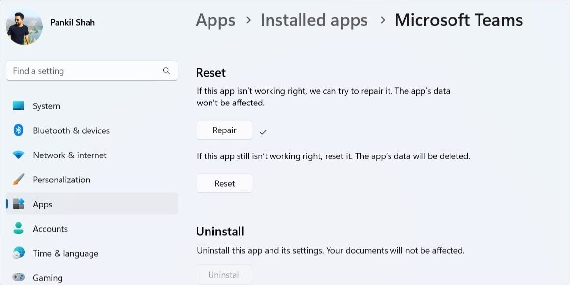 Repair Microsoft Teams App on Windows