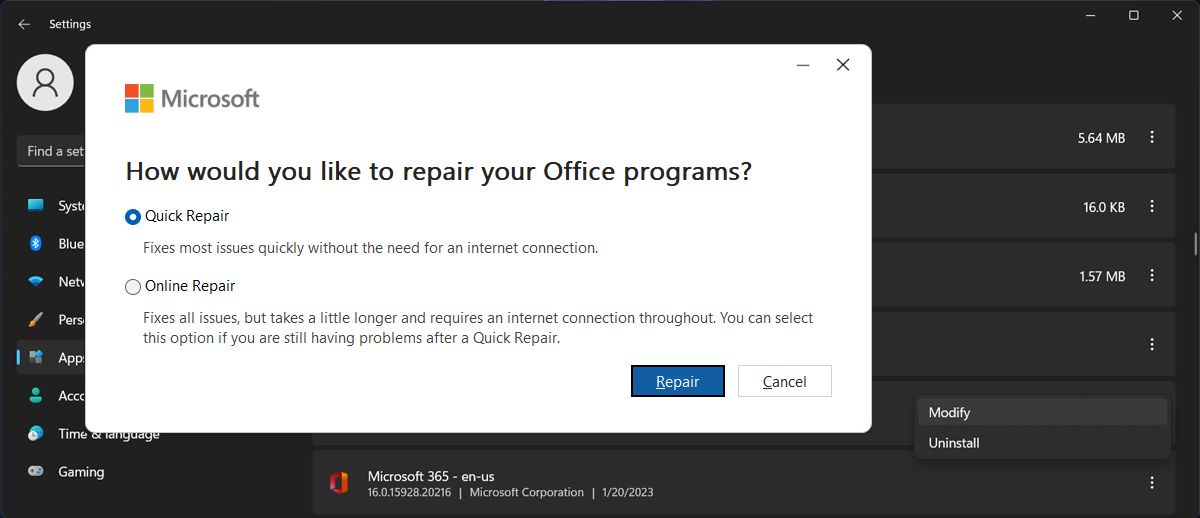 Repair Microsoft 365