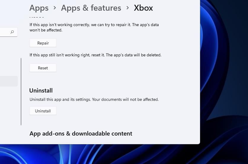 La opción Restablecer para la aplicación Xbox 