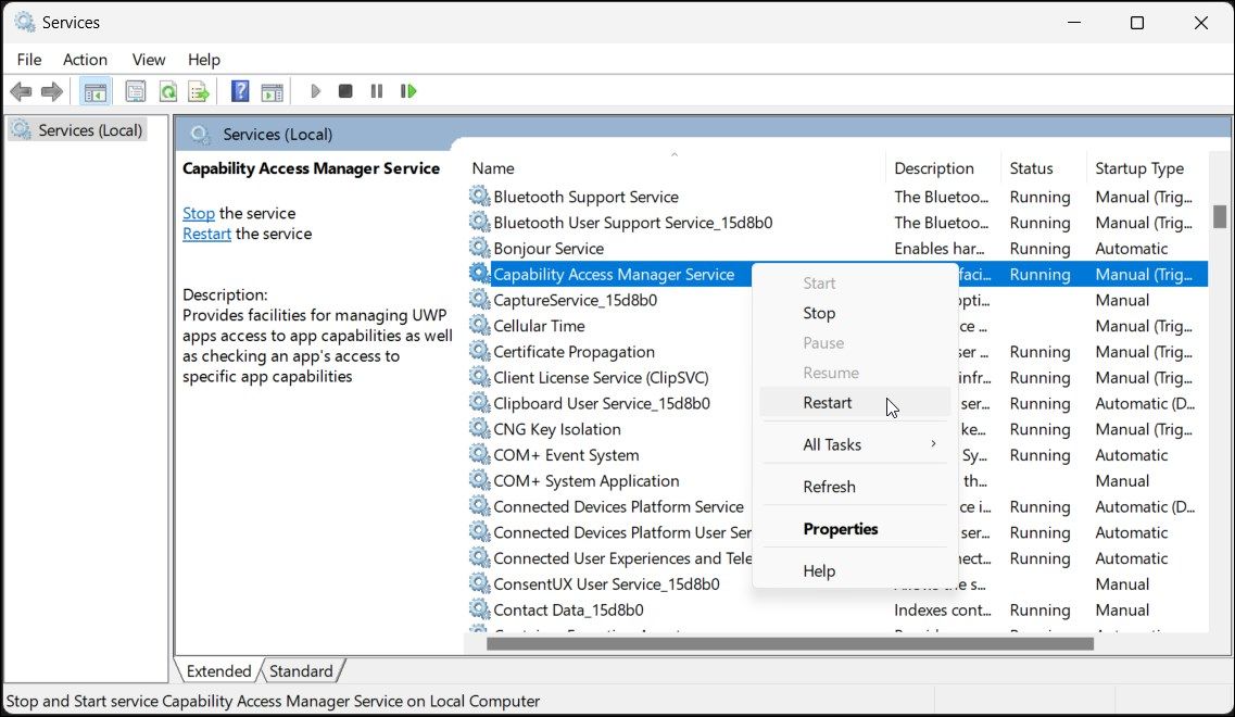 restart capabilities access manager service