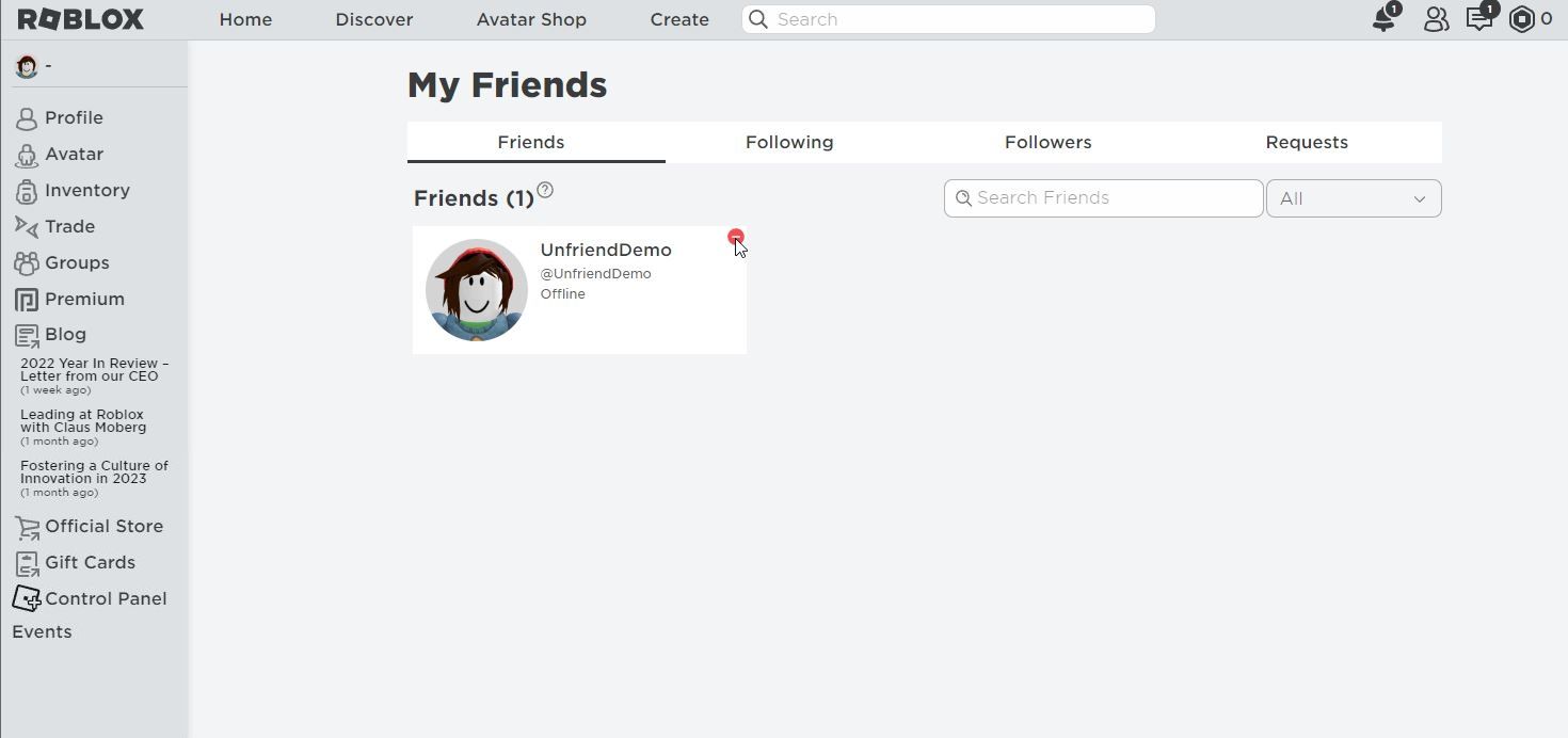 A Screenshot of the Roblox Friend Removal Button Extension in Use