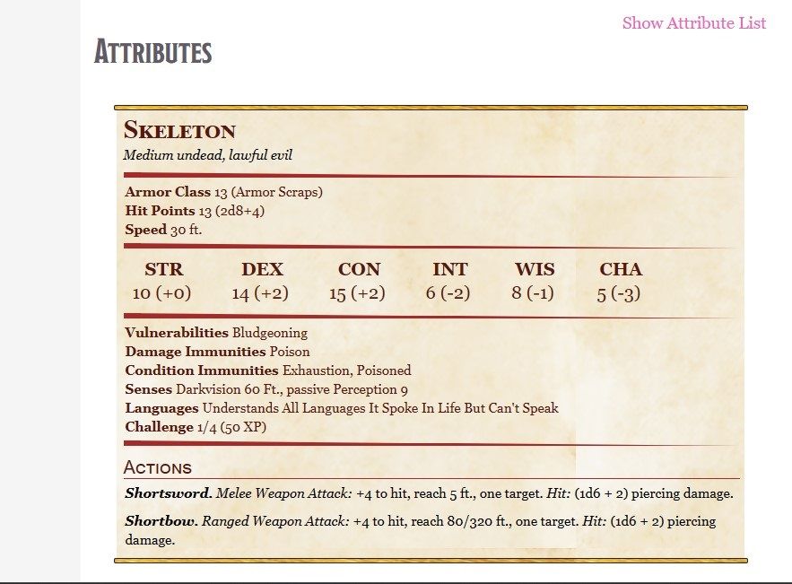 Bảng thống kê Skeleton từ các tài nguyên Compendium miễn phí của Roll20