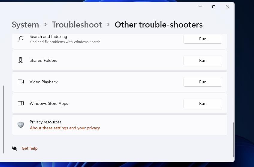 The Run button for the Windows Store Apps troubleshooter