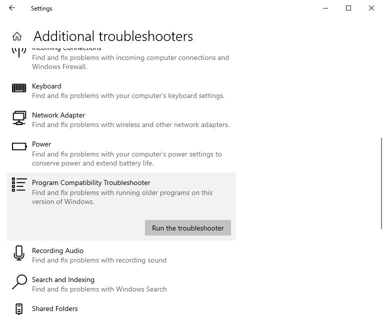 running the Program Compatibility Troubleshooter on Windows 10