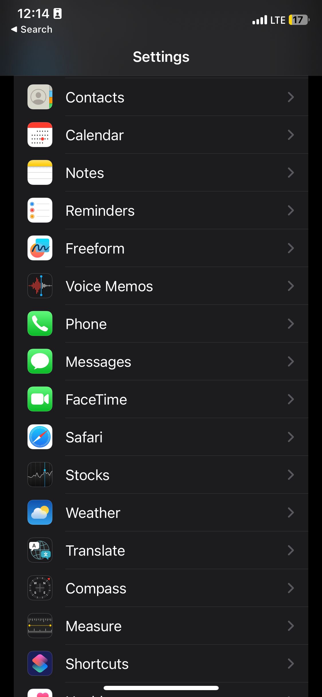 Safari in the settings menu