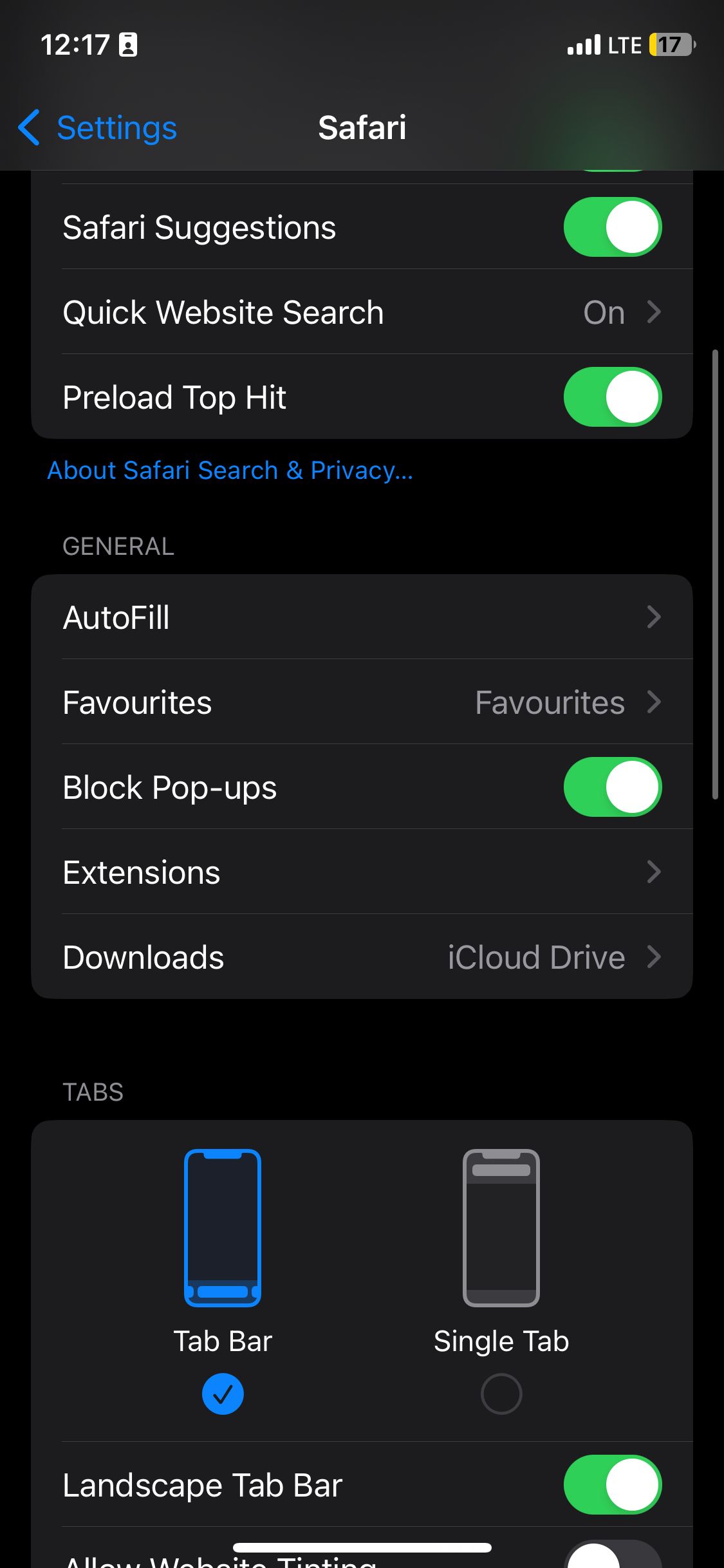 Safari settings with the Block Pop-ups toggle