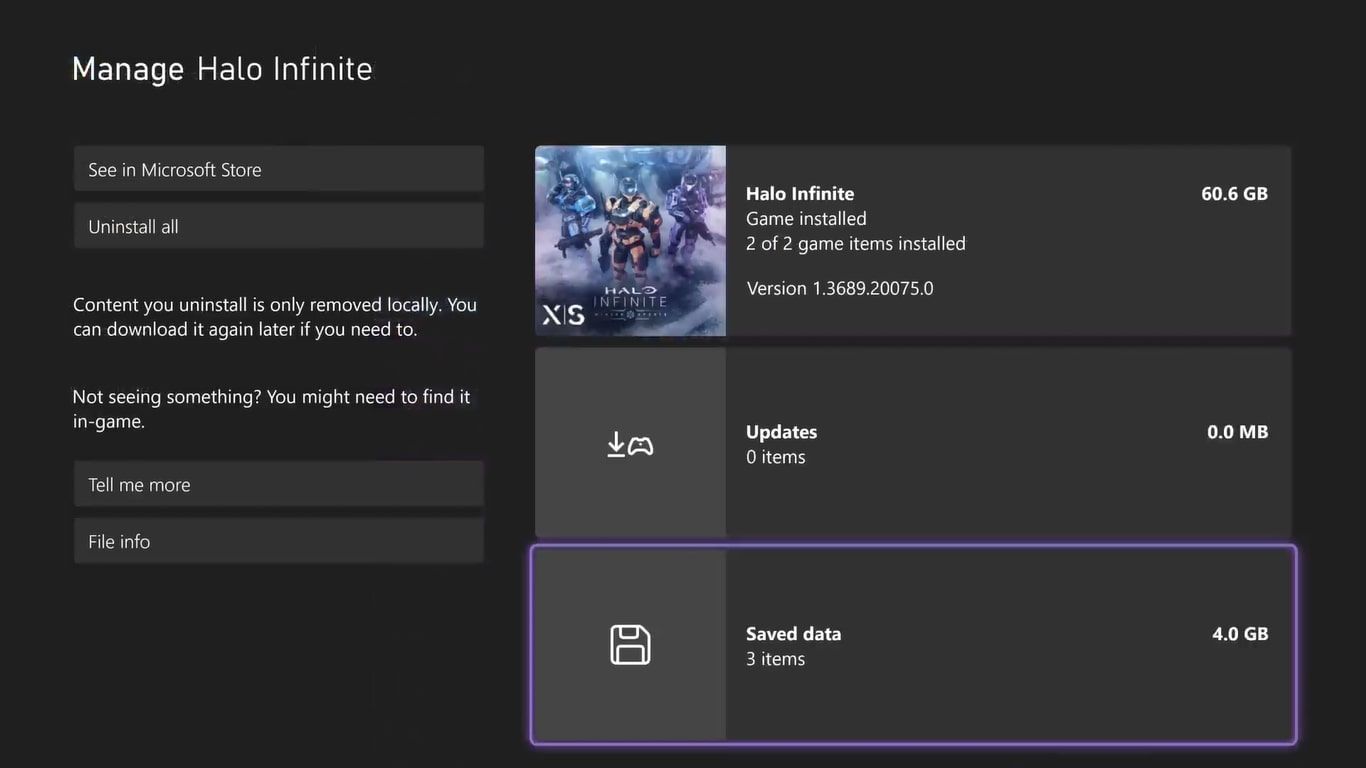 A screenshot of the management options for Halo Infinite on an Xbox Series X with save data highlighted