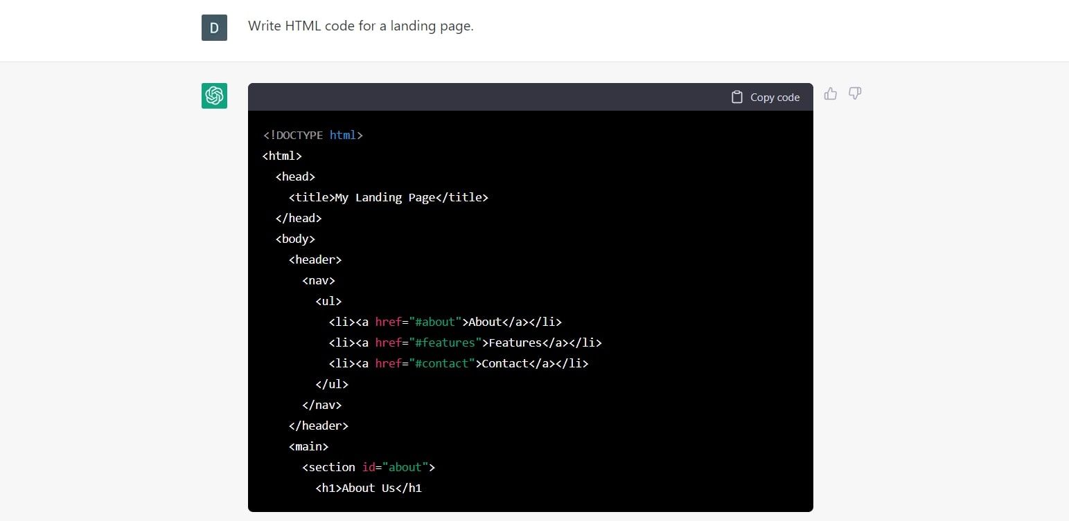 Code HTML généré par ChatGPT pour un site Web