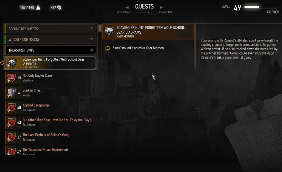 The Scavenger Hunt: Forgotten Wolf School Gear Diagrams treasure hunt on the Quests tab