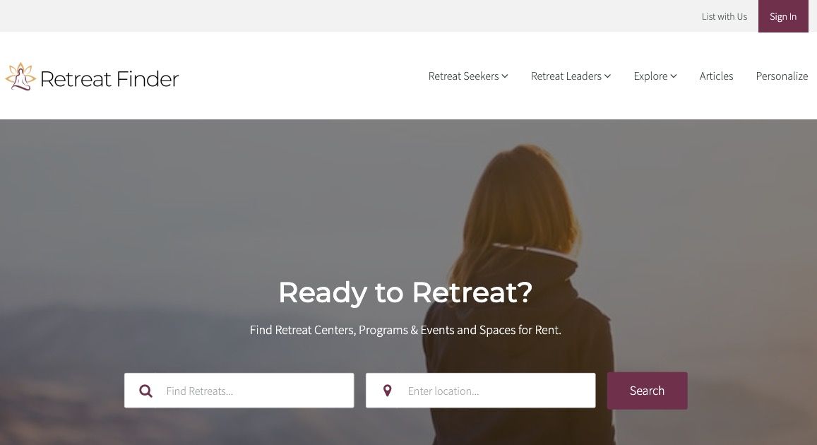 Screenshot of Retreat Finder home page