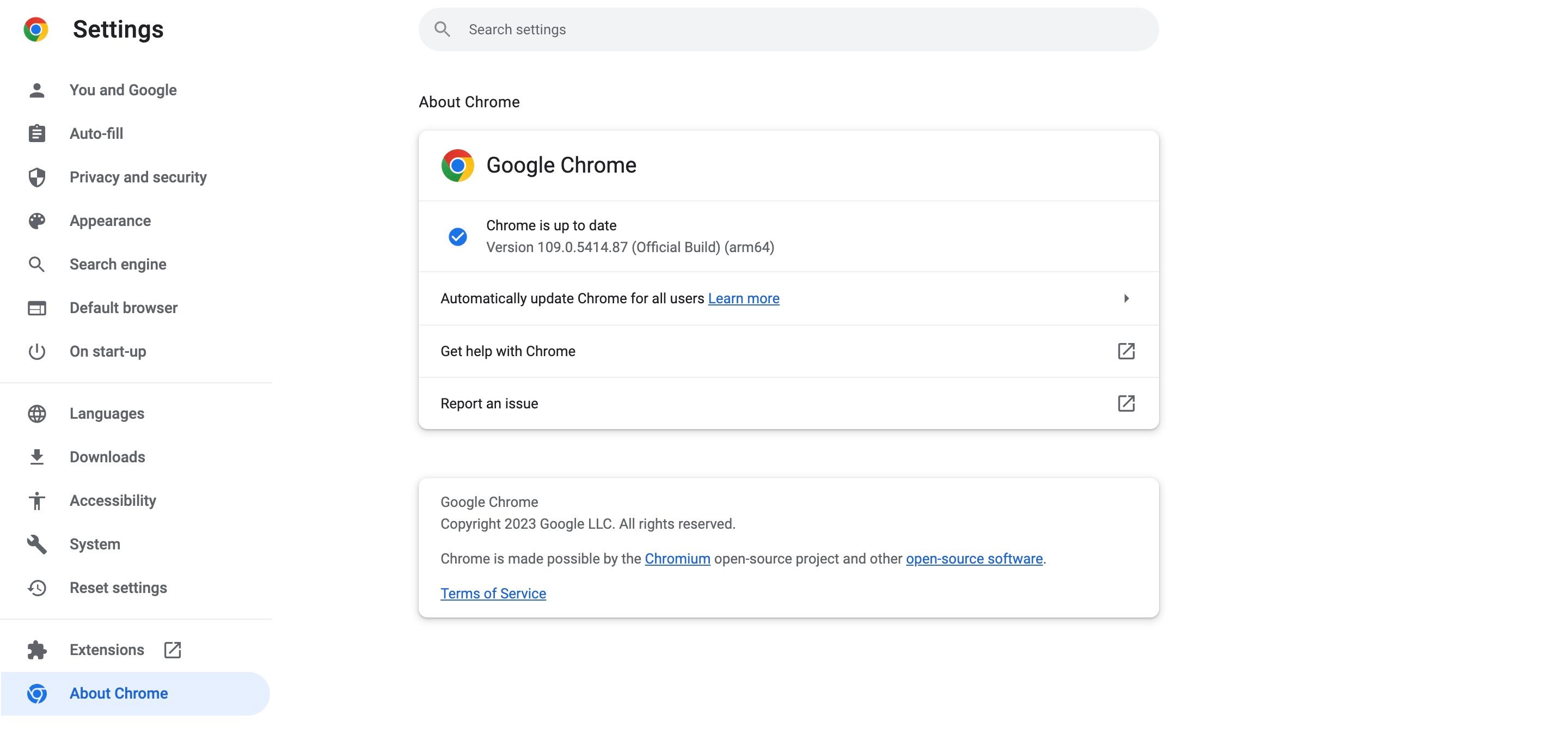 Снимок экрана «О Chrome», показывающий обновление Chrome