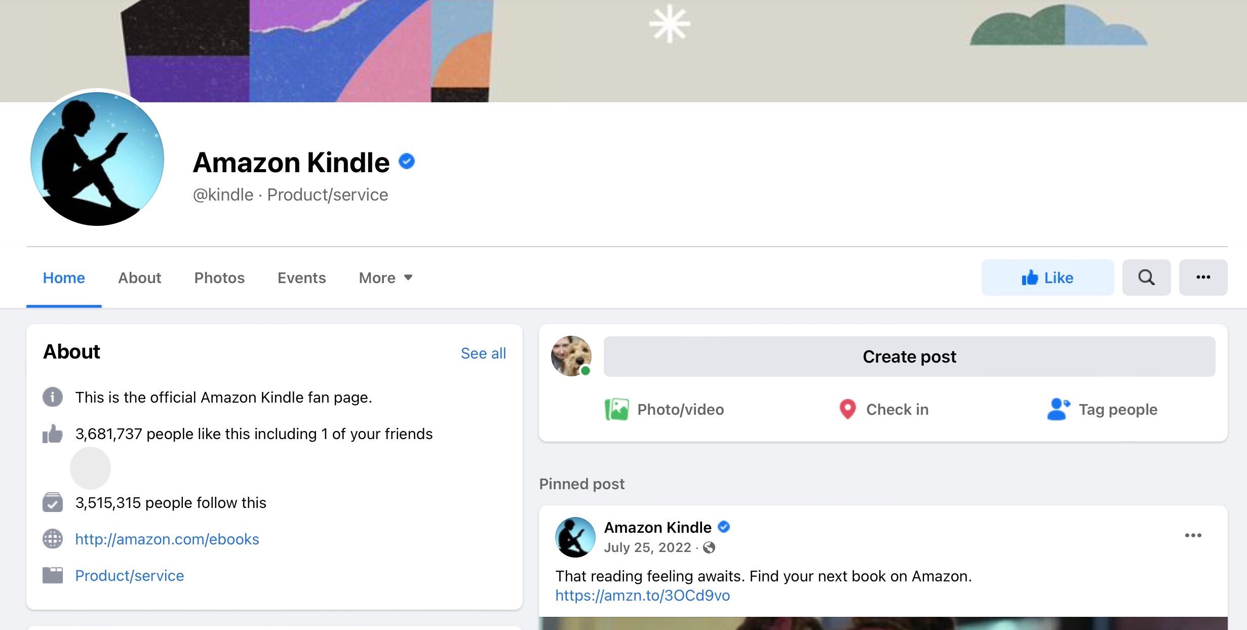 Screenshot of Amazon Kindle Facebook home page
