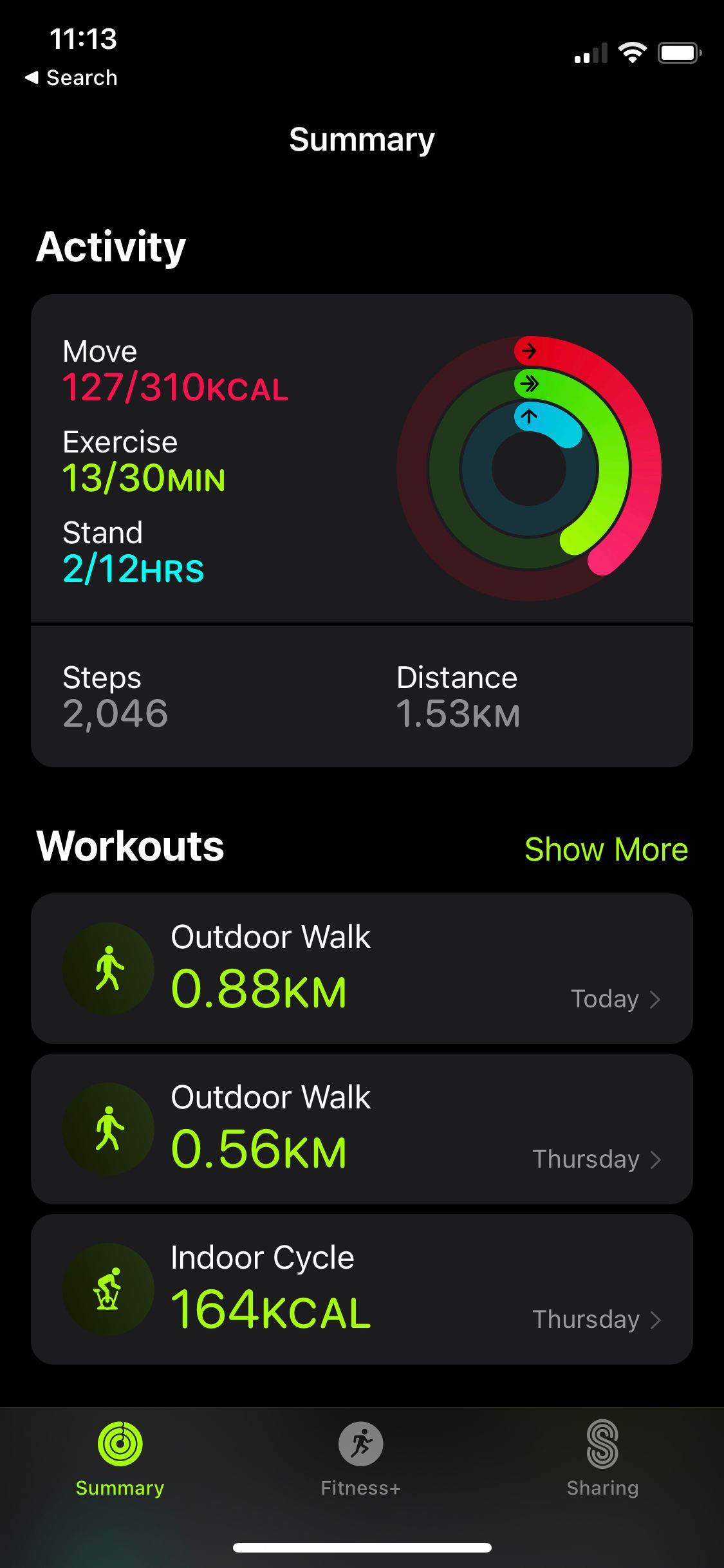 Capture d'écran de l'application iOS Apple Fitness