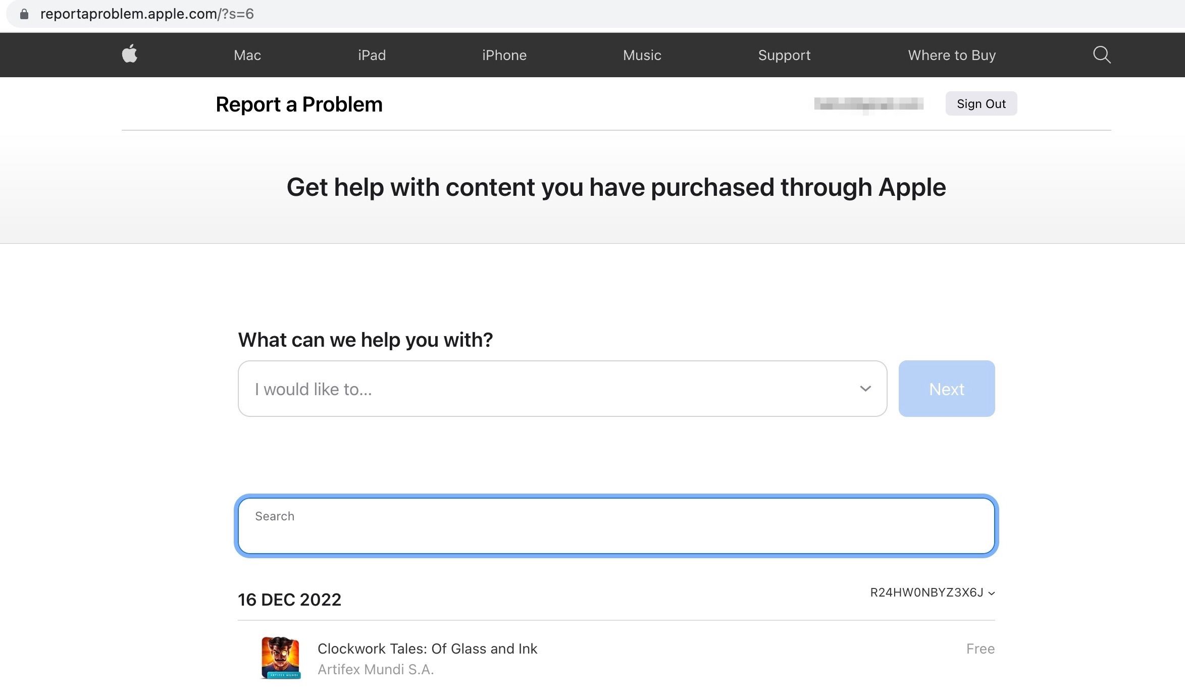 Screenshot of Apple_s report a problem webpage