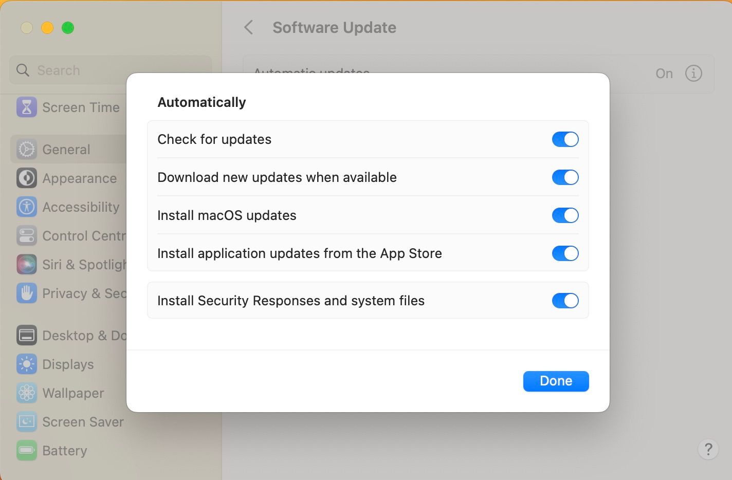 Screenshot of Automatic updates options in System Settings