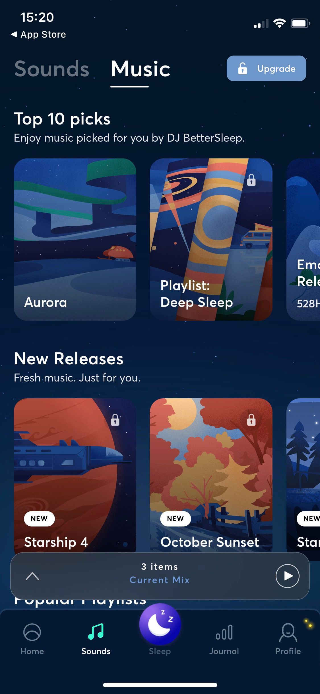 Capture d'écran de l'application BetterSleep montrant la section Musique