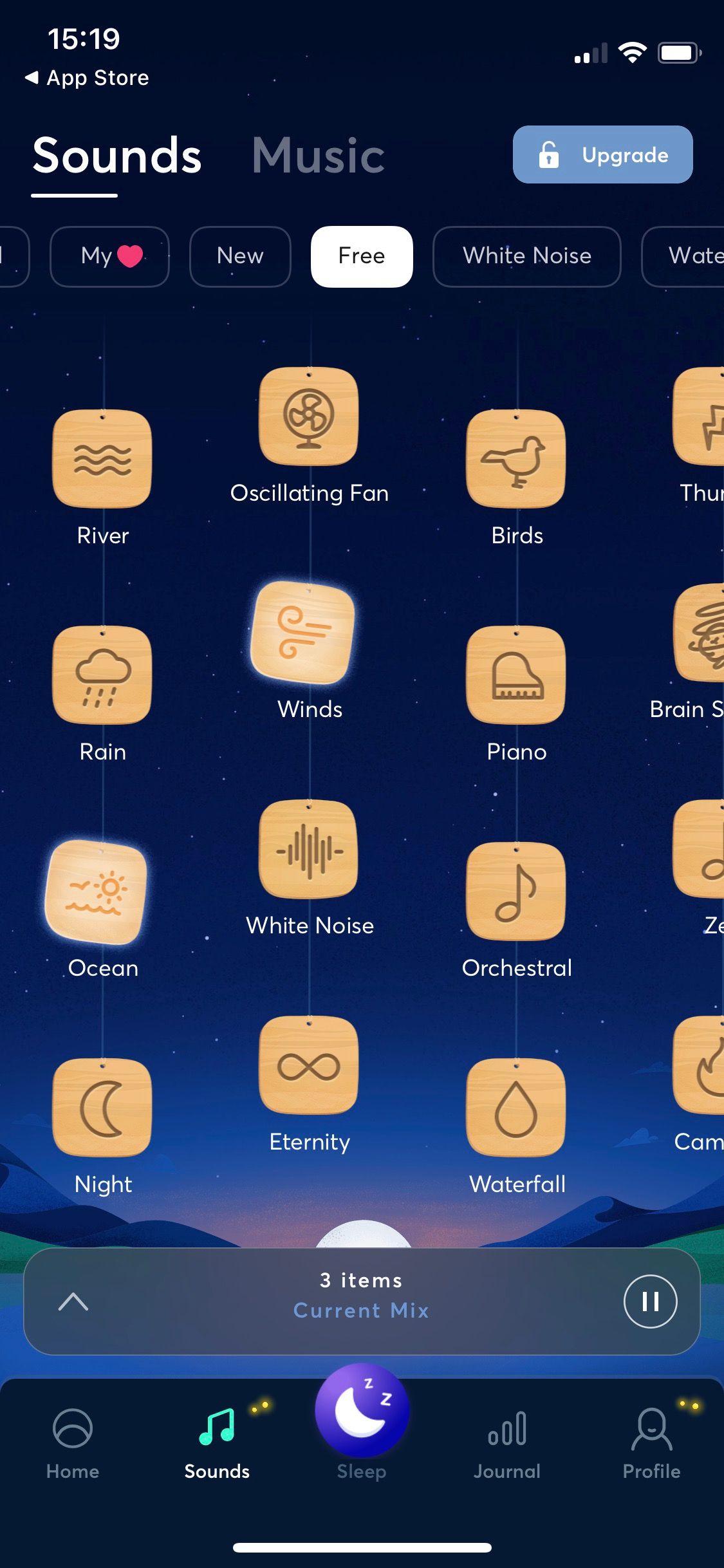 Capture d'écran de l'application BetterSleep montrant des sons naturels.