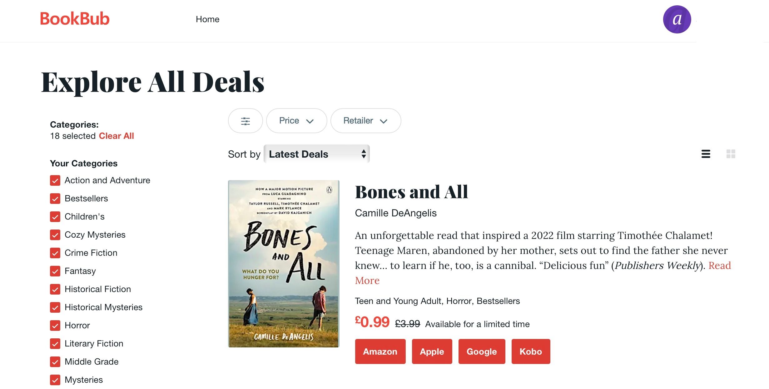 Screenshot of Bookbub recommendation website