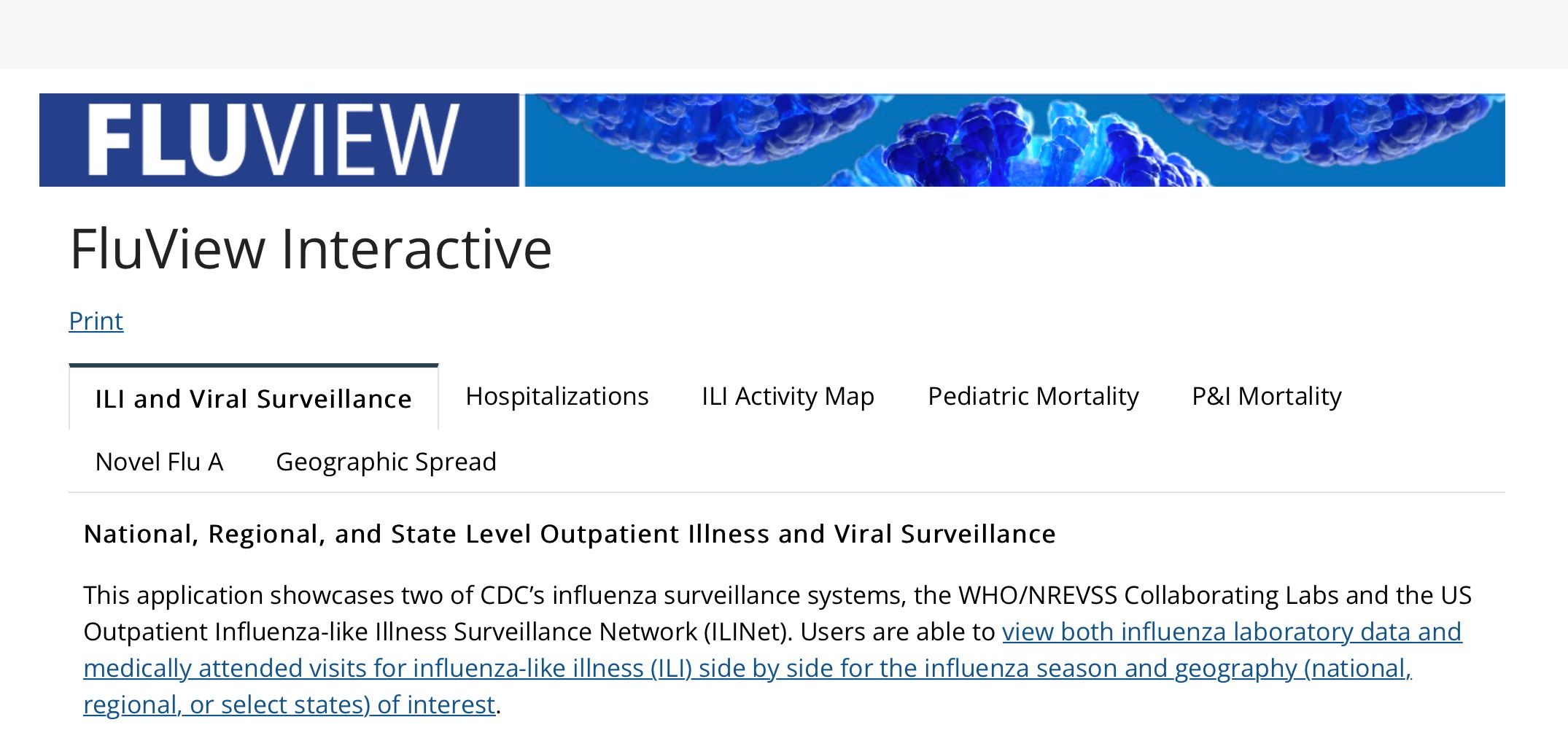 Screenshot of CDC Fluview website